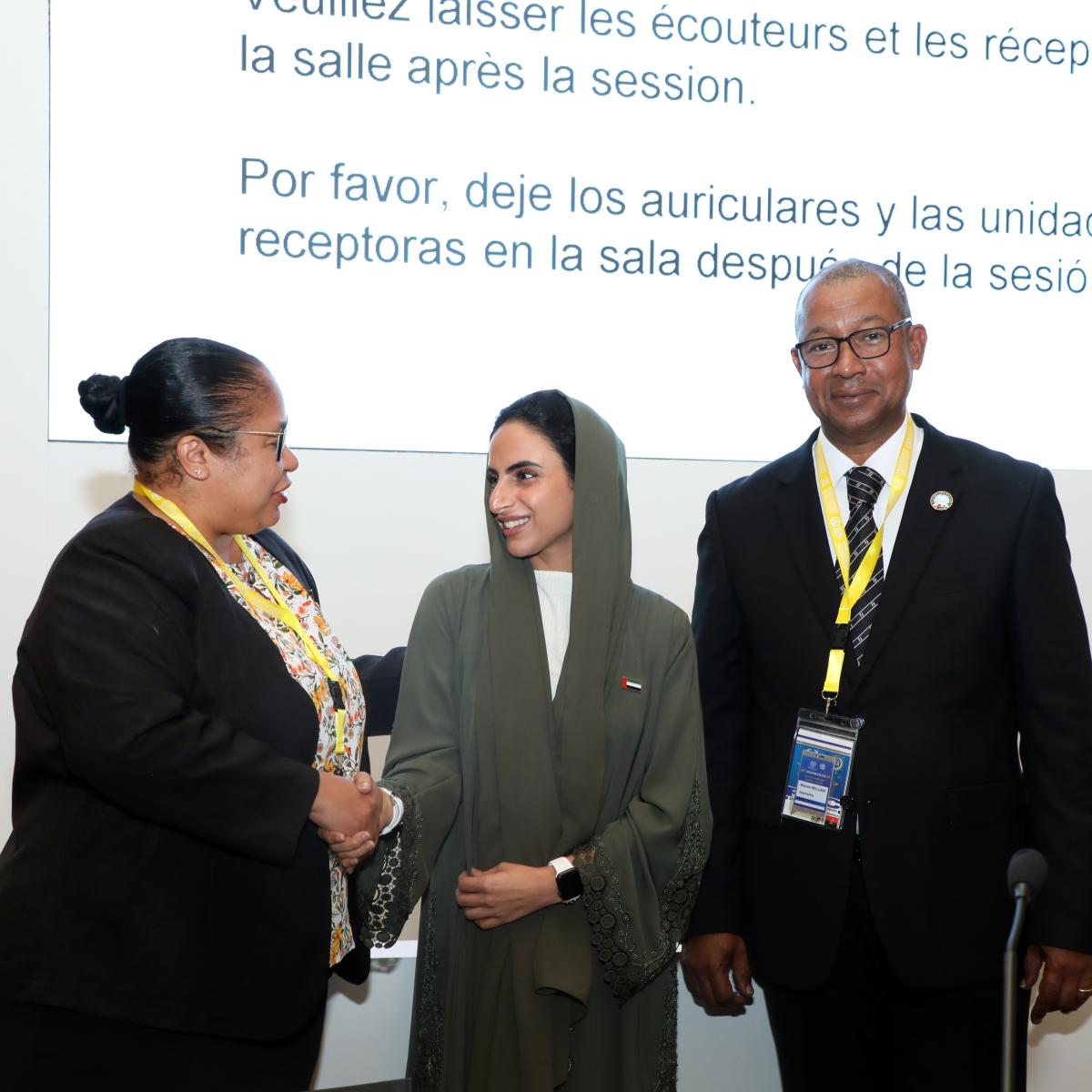 Hon. Waven William, Hon. Audrey Vidot, and Ms. Meera Sultan Al Suwaidi