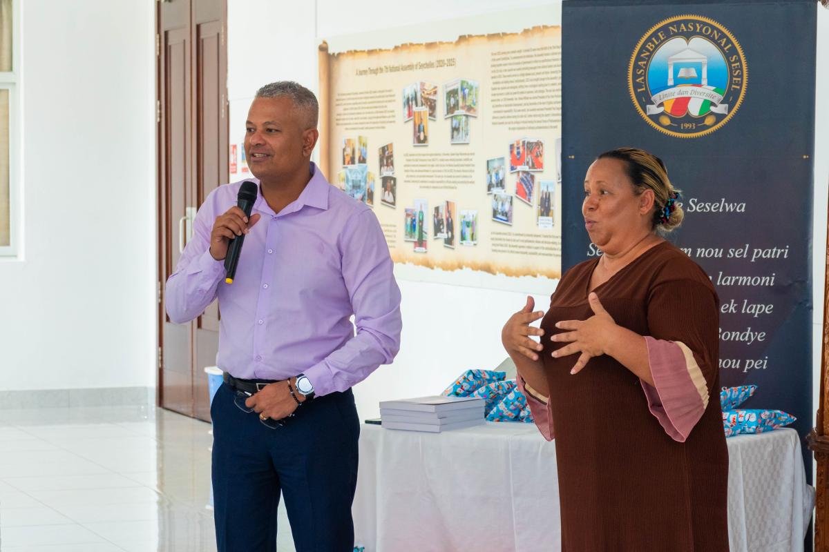 Vice President of the Republic of Seychelles H.E. Mr. Sebastien Pillay, interpreted by Ms. Anita Gardner